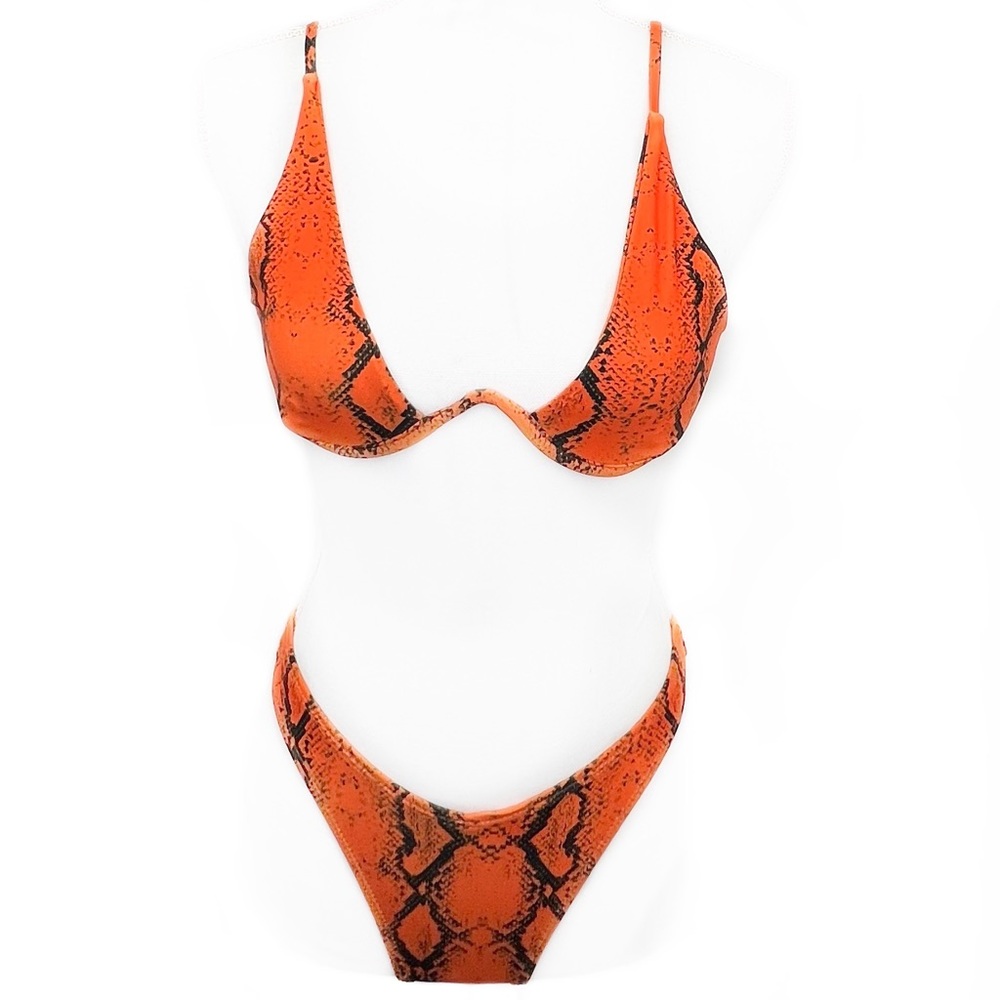 NEW SHEIN Orange & Black Snakeskin Underwire Front Underwire High Cut Bikini S